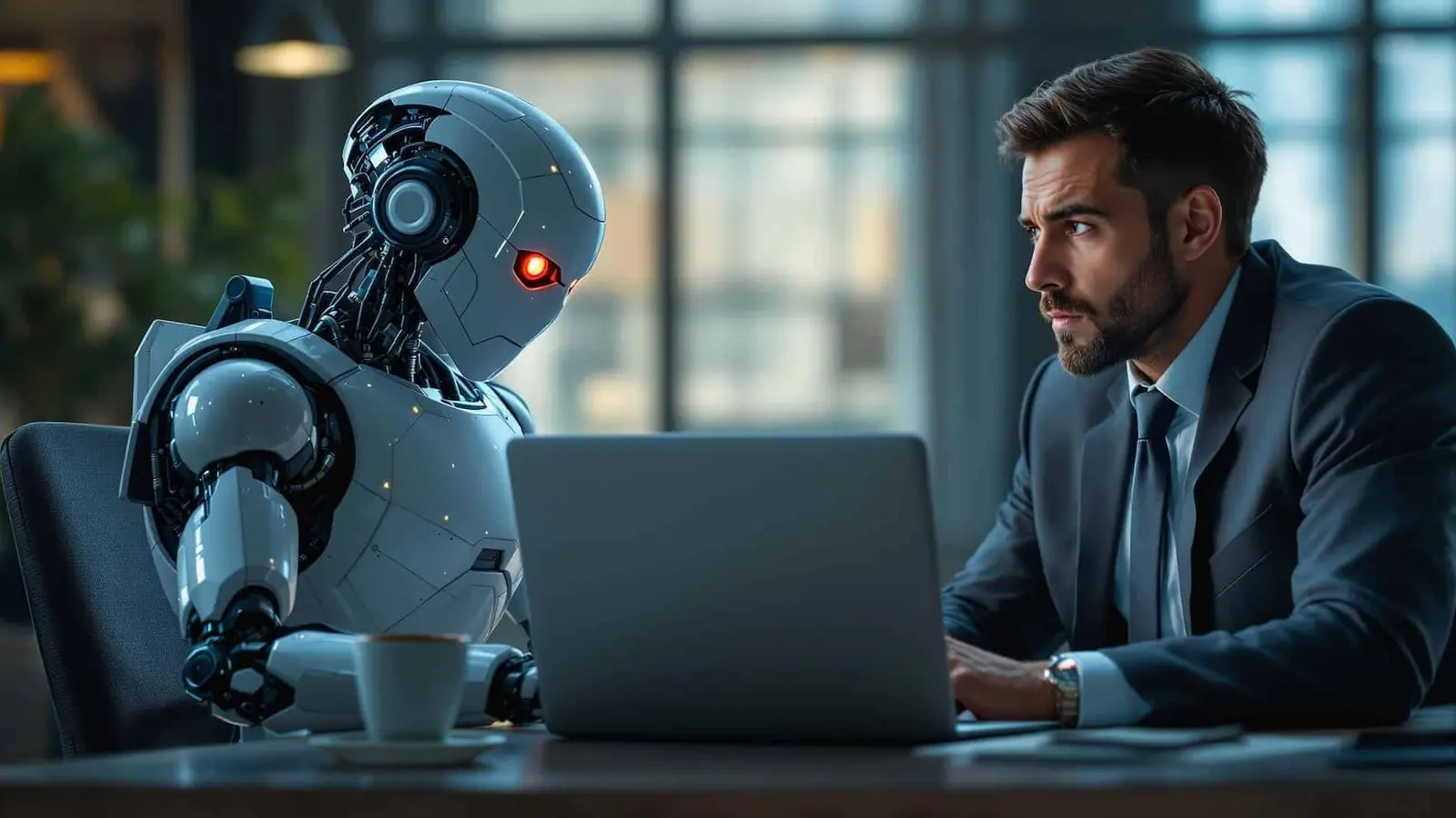 Robot and businessman working on a laptop together.