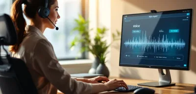 Voicebot erstellen mit ElevenLabs: Frau mit Headset vor Voice-Agent-Interface