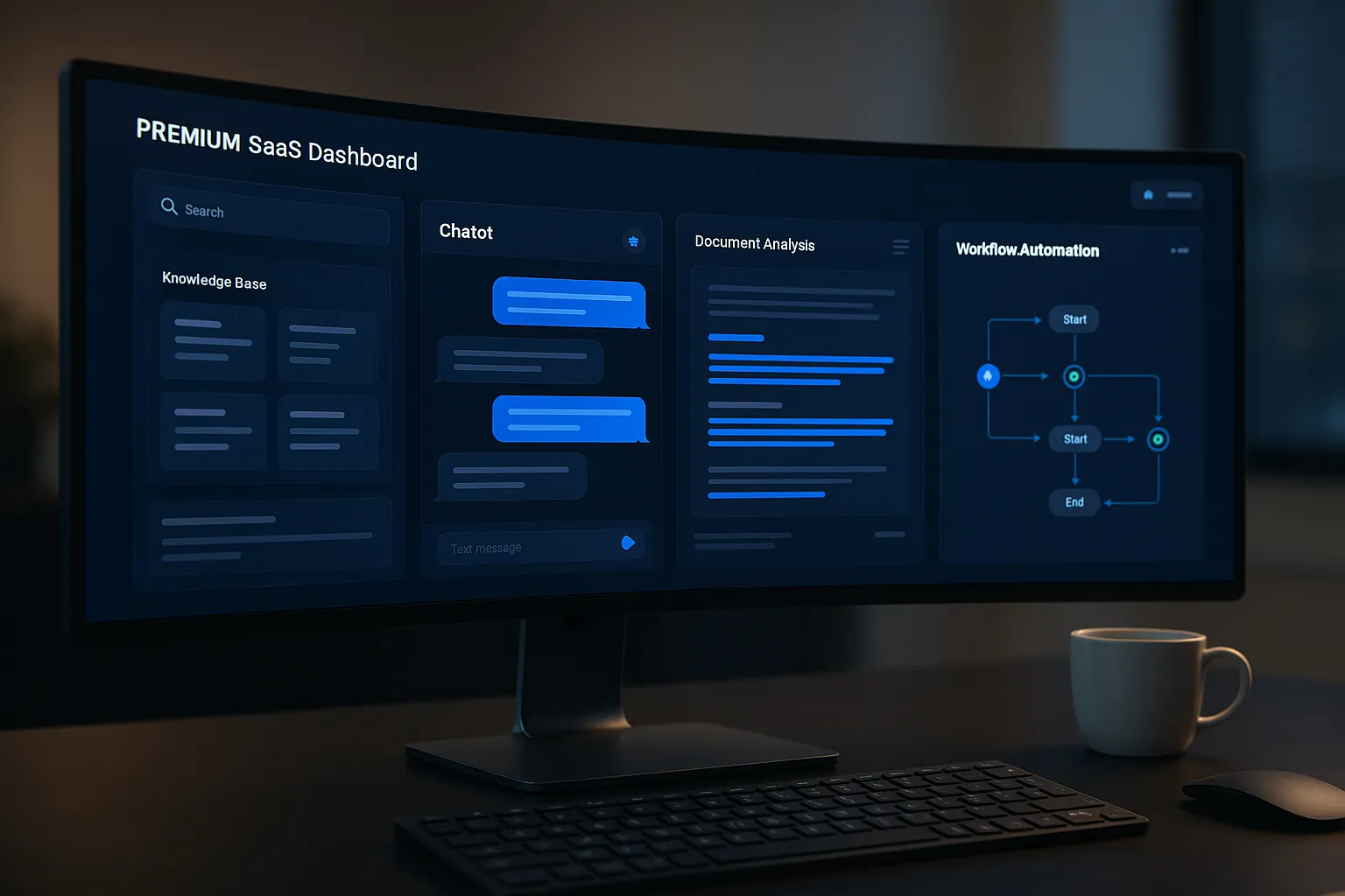 KIOS KI-Plattform Dashboard mit Wissensdatenbank, Chatbot, Dokumenten-KI und Workflow Automation